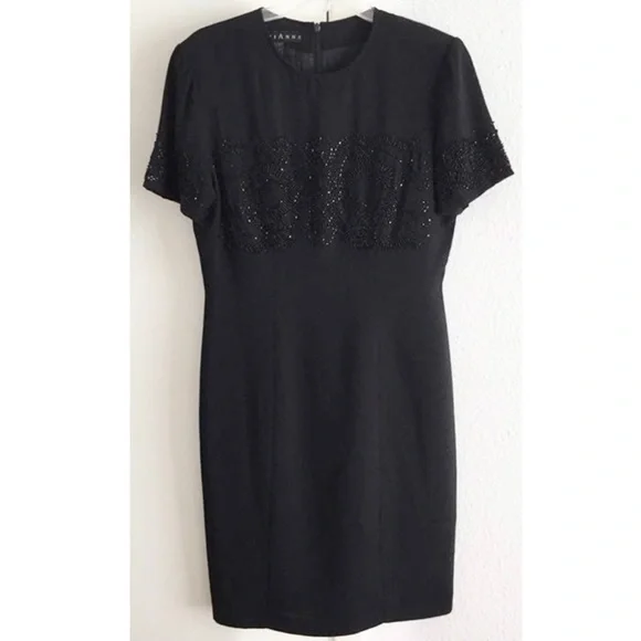 Black bead embellished front short sleeves shift dress - size 6 Black bead embellished front short sleeves shift dress - size 6